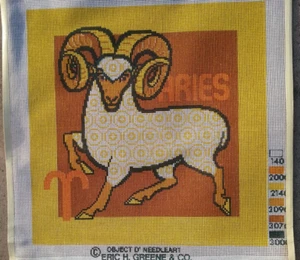 "ARIES" Zodiac painted needlepoint canvas 15" square finished from 1970'S NEW - Picture 1 of 1