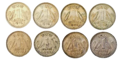 1975 to 1982 - 1 Rupee DABBU INDIA Copper-Nickle 8 Coins SET WT 8 GRAM EACH - Image 1 of 4