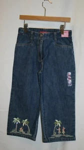 Gymboree Girls Blue Denim Jeans Hawaii Island Palm Tree Sz 9 Flare Capri NWT - Picture 1 of 6
