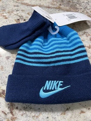 Nike Blue Baby Boy Beanie Hat And Mittens Set  Size 12/24 Months ~ New - Image 1 of 4