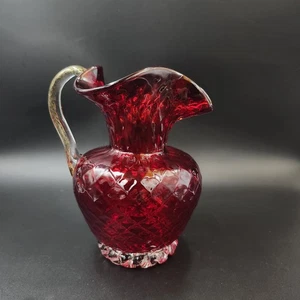 Murano Style Art Glass Red Quilted Pitcher w Clear Aventurina Applied Handle - Picture 1 of 18