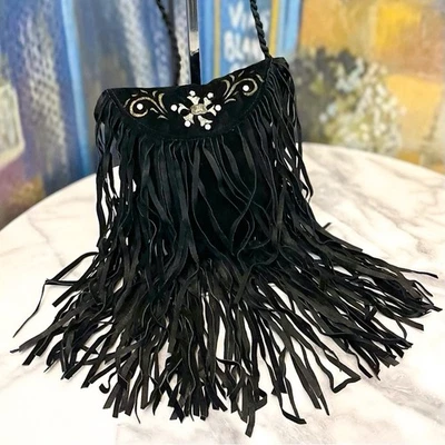 Patricia Wolf Fringe Crossbody Bag Suede Black Boho GUC - Image 1 of 4