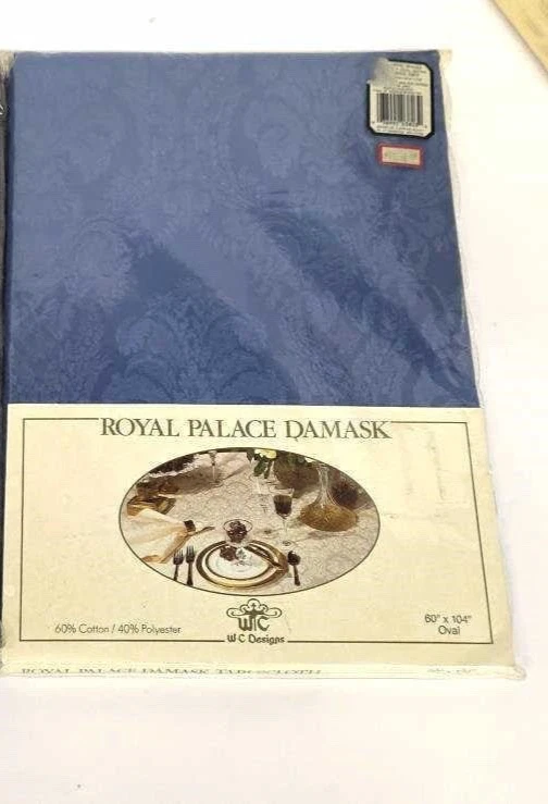 Wilton Court Royal Palace Damask Tablecloth 60 x 104 Oval Blue NEW Vintage - Image 1 of 1