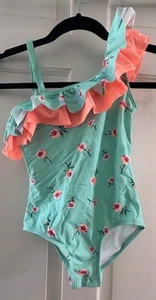 NEW WITHOUT TAGS - GIRLS' ONE PIECE BATHING SUIT - TEAL/CORAL  FLOWERS - SIZE 8 - Picture 1 of 5