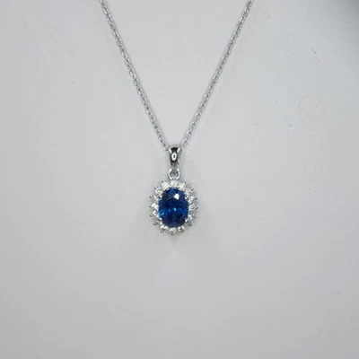 Sapphire Blue & White Cubic Zirconia Halo Sterling Silver Necklace - Image 1 of 4