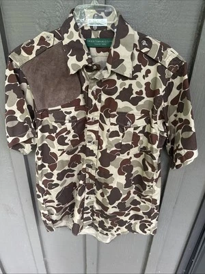Vintage George Stafford Sons Camo Shooting Hunting Shirt Suede Patch Sz L SUPERB - Image 1 of 4