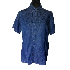 VTG Van Heusen Women’s Short sleeve denim button up Shirt Embroidered Flowers LG - Picture 1 of 18