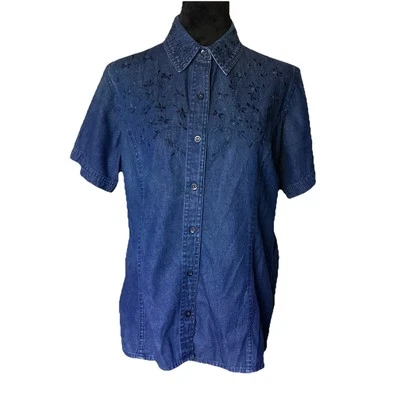 Camisa de Colección Van Heusen Para Mujer Manga Corta Denim Abotonada Flores Bordadas LG Foto 1 de 4