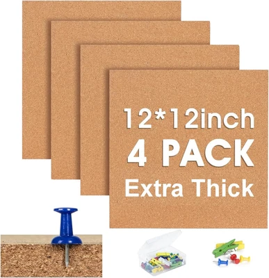Cork Bulletin Square Board for Walls -  4 Pack Extra Thick 12X12 Inches Cork Boa - Image 1 of 4