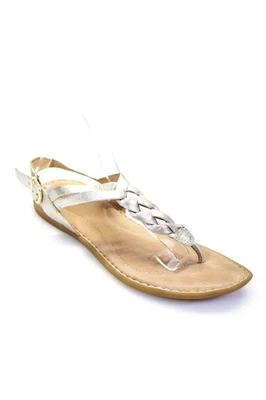 Born Womens Silver/Brown Braided T-Strap Flat Sandals Shoes Size 9M - Image 1 of 4