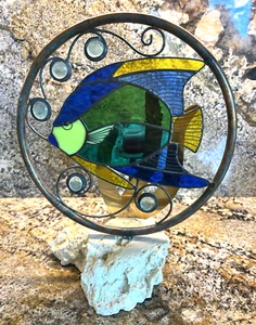Brass Tropical Fish Stained Glass Votives Candle Holder On Natural Rock Handmade - Picture 1 of 24