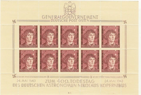 Stamp Germany Poland General Gov't Mi 104 Sheet 1943 WWII Reich Copernicus MNG Cover