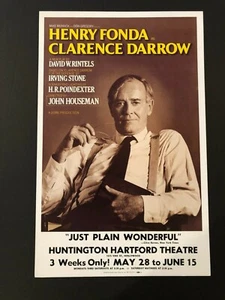 Tarjeta de ventana de teatro en vivo Clarence Darrow (Henry Fonda, 1988) - 14"" x 22"" casi nueva - Imagen 1 de 1