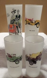 4 vasos esmerilados con autos vintage Cheverlot Cadillac Stutz raros en excelente estado - Imagen 1 de 6