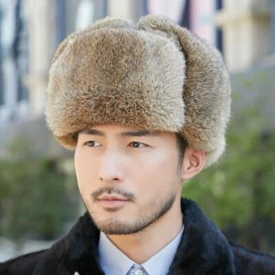 Sombrero de piel de conejo real para hombre sombrero de trampero ruso Ushanka cálido cazador sombrero de aviador Foto 1 de 4