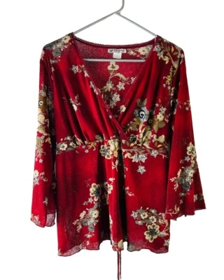 Vintage Y2K Womens 1XL Floral Sheer Flared Sleeve Blouse Shirt USA Whimsigoth - Image 1 of 4