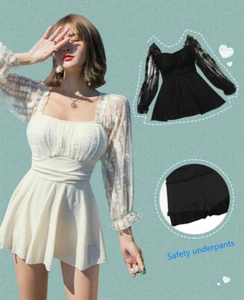 Damen Gaze Langarm Blumenärmel Einteiler Badekleid Rückenfrei Bademode - Bild 1 von 13