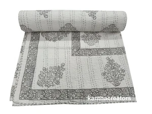 Handmade Kantha Quilt Block Print Bedspread Reversible Cotton Bedding Coverlet - Picture 1 of 9