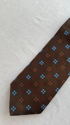 Hickey Freeman Men’s Silk Necktie Brown with Blue & Orange Geometric Design USA - Изображение 1 из 4
