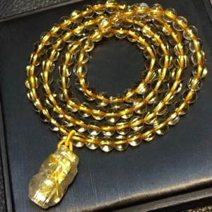 Bracciale pixiu perle tonde cristallo quarzo rutilato oro naturale 6mm AAAAA - Foto 1 di 8