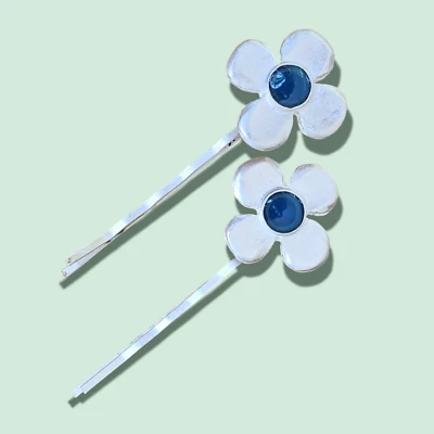 Винтажные 1980-е Серебряные Булавки с Цветком Бобби с Синим Центром Aqua - Сделано в Великобритании - Изображение 1 из 4