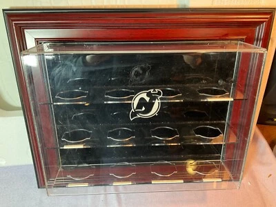 Antique Mahogany Hockey Puck Display Case 18.75x15” NHL NEW JERSEY DEVILS - Image 1 of 4