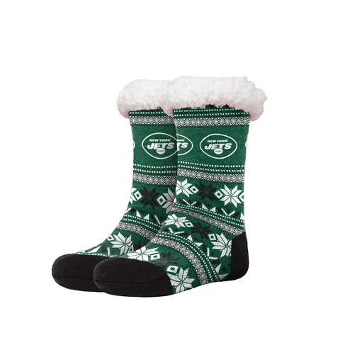 New York Jets Women's Fair Aisle Tall Logo Footy Slippers - Size 6-10 Non Skid Cover