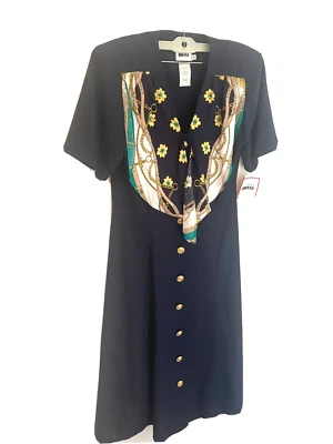 Leslie Fay Chain Scarf Navy Dress Women Size 12 (8 10) Shoulder Pads VINTAGE NEW - Image 1 of 4