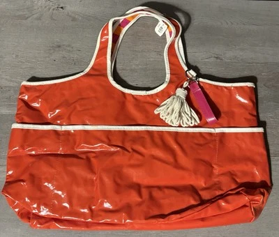 Bath & Body Works оранжевый двусторонняя пляжная сумка с короткими ручками в полоску водонепроницаемый карман новый - Изображение 1 из 4
