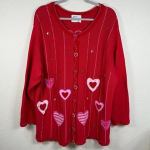 Quacker Factory Red Embellished Heart Cardigan Sweater Novelty Whimsy Twee 2X - Picture 1 of 10