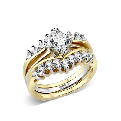 Juego de anillos de oro amarillo de plata de ley solitario protector circonita cúbica Foto 1 de 4