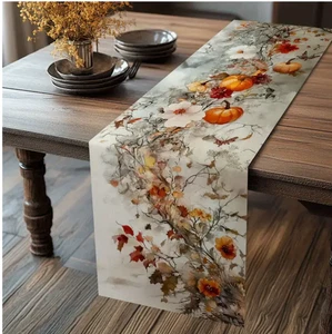 Rustic Pumpkin Leaf Design-Orange-Brown Colors-13x72in-Linen Blend #fall #autumn - Picture 1 of 6