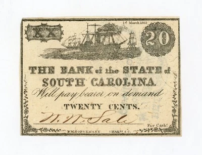 1862 20c The Bank of the State of SOUTH CAROLINA Note - CIVIL WAR Era - Image 1 of 2