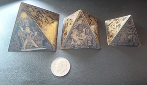 3 Vintage Egyptian Metal Pyramids Etched Bronze Copper Paperweight Made In Egypt - Picture 1 of 6