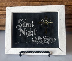 Vintage gerahmt Handarbeit gezählt Kreuzstich STILLE NACHT Kunst Bethlehem Weihnachten - Bild 1 von 5