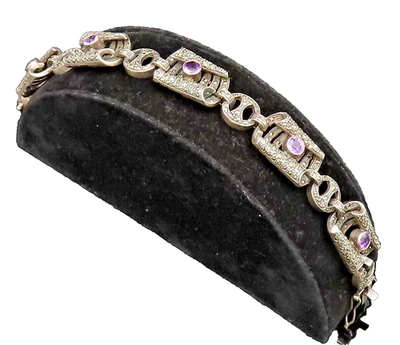 Pulsera de eslabones decorativos plegados de amatista y marcasita vintage de plata 925 BT9560 Foto 1 de 4