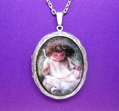 Colar medalhão de porcelana cristã ANGEL BUNNY RABBIT CAMEO ST presente de Natal - Imagem 1 de 2