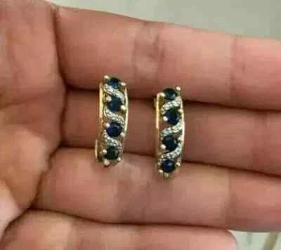 2Ct Round Lab Created Blue Sapphire Huggie Hoop Earrings 14K Yellow Gold Plated - Image 1 of 3