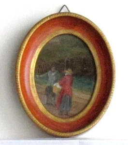 19TH ANTIQUE VINTAGE BEAUTIFUL FRENCH MINIATURE OIL PAINTING OF COUPLE - Picture 1 of 3