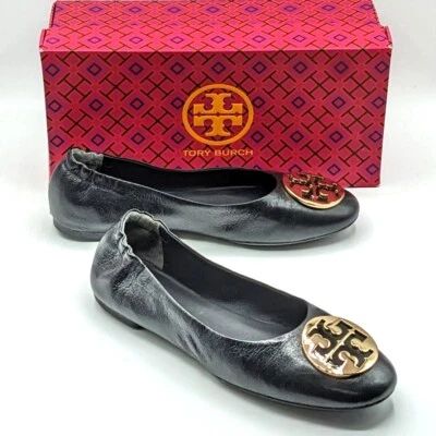 Tory Burch “Claire Ballet” Women's Flat Leather Shoes (Black / Gold) US 7 & 8.5 - Image 1 of 4