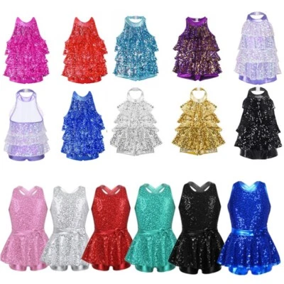 Kids Girls Shiny Sequins Ballet Dance Dress Modern Jazz Latin Dancewear Costume - Image 1 of 2