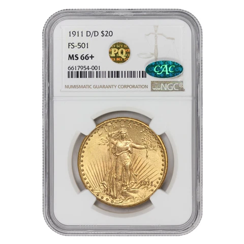 1911-D/D $20 Gold Saint Gaudens NGC MS66+ CAC Certified PQ Approved Denver coin Cover