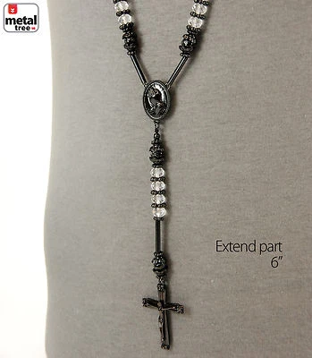 Men's Hip Hop 8 mm Clear Bead Black Rosary Pray Hand & Jesus Cross Necklace BKCL - Image 1 of 4