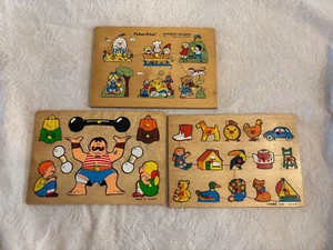 3 Vintage Wooden Shape Peg Puzzles 14 Piece 11 1/2" x 8" - Picture 1 of 9
