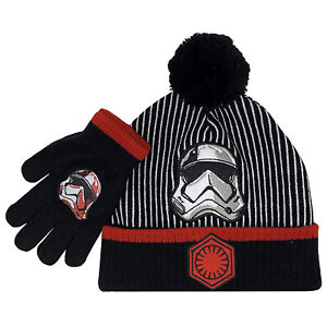 Neu mit Etikett Star Wars JUNGEN Captain Phasma Bommel Strick Beanie Mütze & Handschuhe Set schwarz/rot