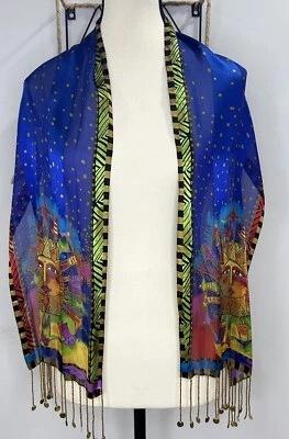 Bufanda de seda Laurel Burch “Armonía bajo el sol” flecos con cuentas doradas Foto 1 de 4