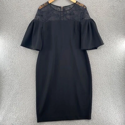 Calvin Klein Dress Womens Black Illusion Lace Neckline Sequin Short Bell Sleeve - Image 1 of 4