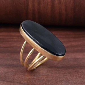 Black Onyx Ring for Women | Large Oval Gemstone Gold Band Statement Jewelry - Picture 1 of 5