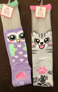 JUSTICE (LAVENDER OWL/GREY CAT) KNEE SOCKS SHEER ACCENT SIZE M/L SUPER CUTE WOW! - Picture 1 of 4