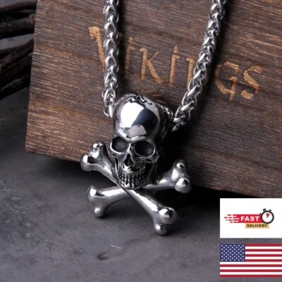 Collar Colgante Cadena Calavera Acero Inoxidable Punk Vintage HipHop con Caja de Madera Foto 1 de 4